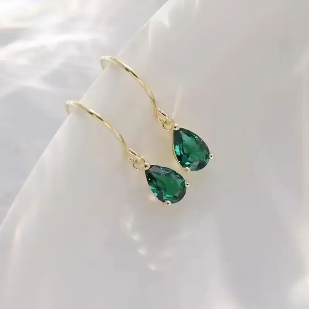 Green Teardrop Zirconia Crystal Drop Earrings Gold Dangle Gemstone Pendant Charm